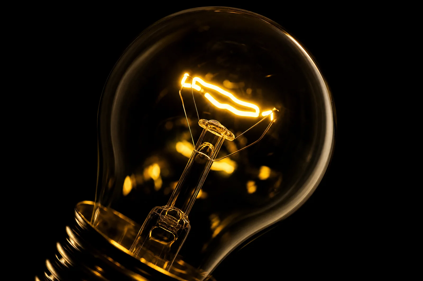 A glowing filament inside a clear glass bulb against black